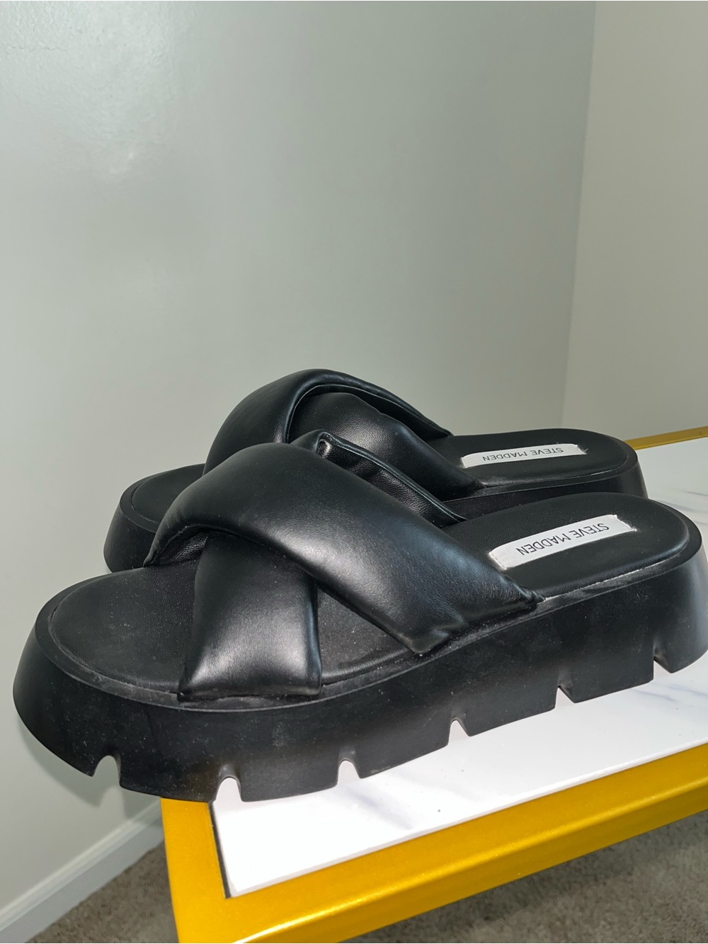Steve Madden Black Crisscross Platform Slide Sandals
